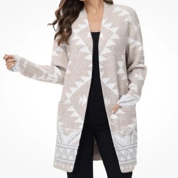 Frye Sweaters - FRYE The Cozy Open Front Cardigan Tan White Western Aztec Nordic Long Medium